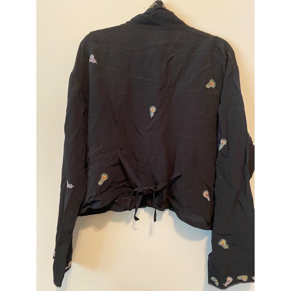 Papy Boez Black Boho Jacket Embroidered Peacock Feather Design Button Front M/L - Picture 2 of 8